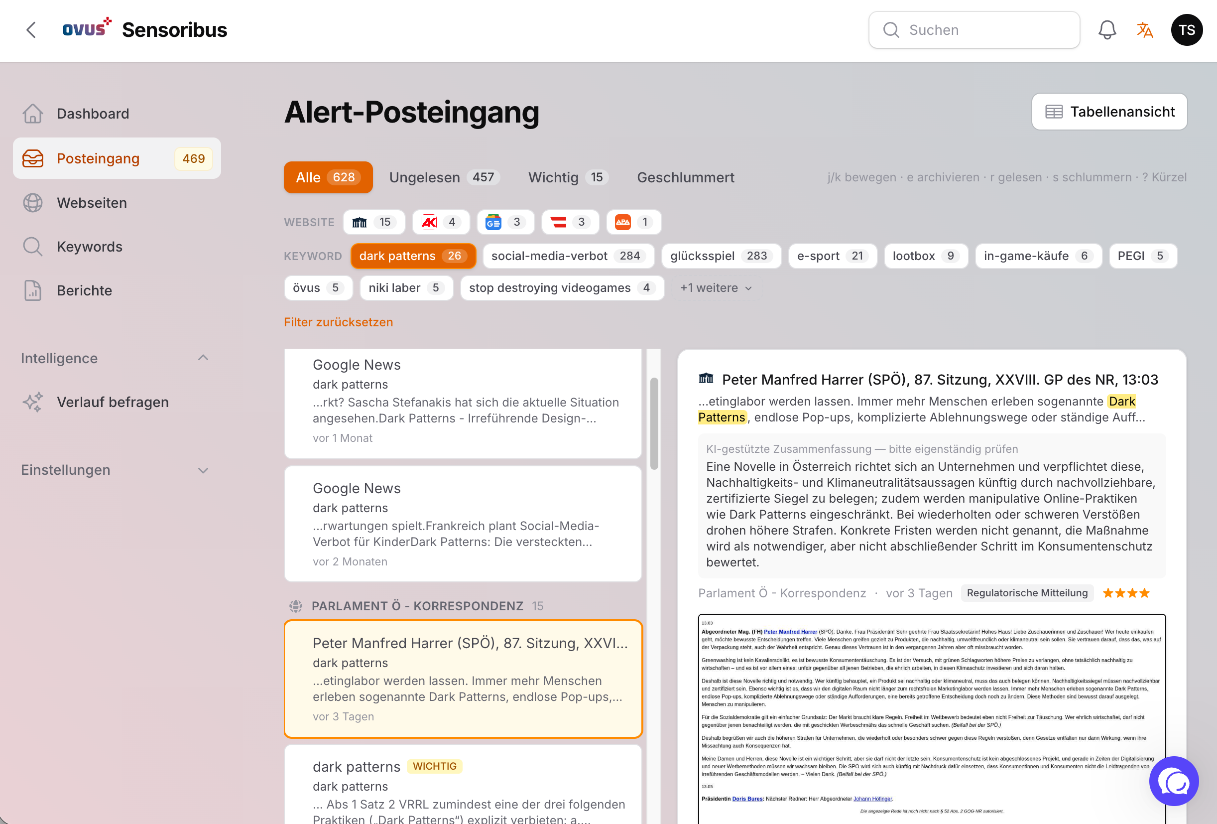 Sensoribus alert inbox - reading pane open on a BaFin circular match, showing the AI summary, source URL, and keyword that triggered the alert